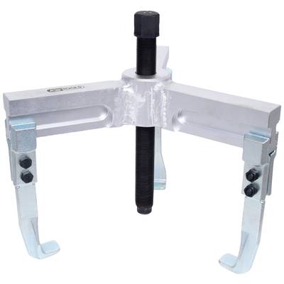 Two-legged metal puller with two hook arms and a central screw mechanism, used for removing stubborn parts.