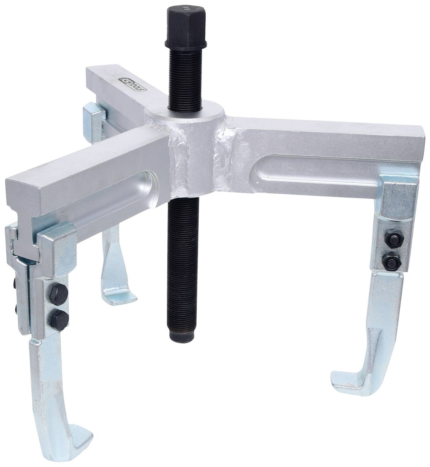 Three-legged puller with screw mechanism, primarily manufactured from metal, suitable for removing bearings or gears.