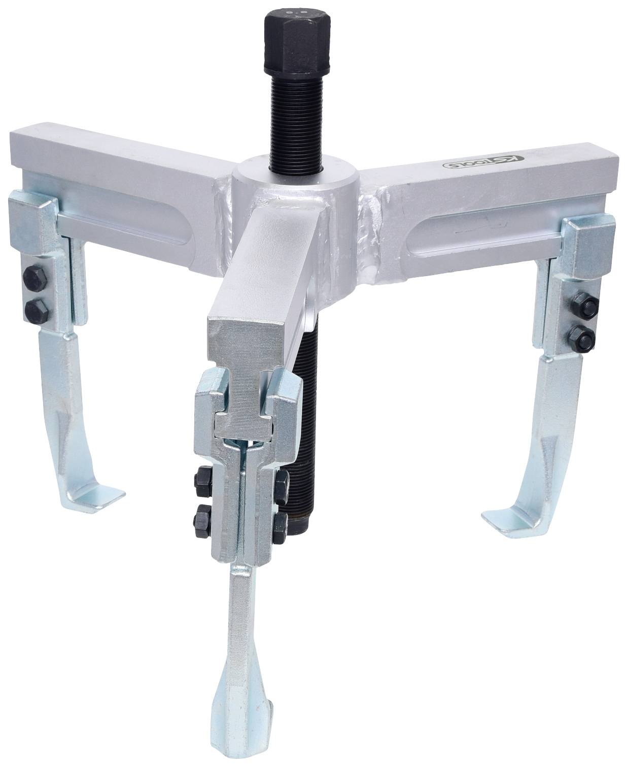 Three-legged puller with central screw mechanism, used for removing bearings or gears from shafts.