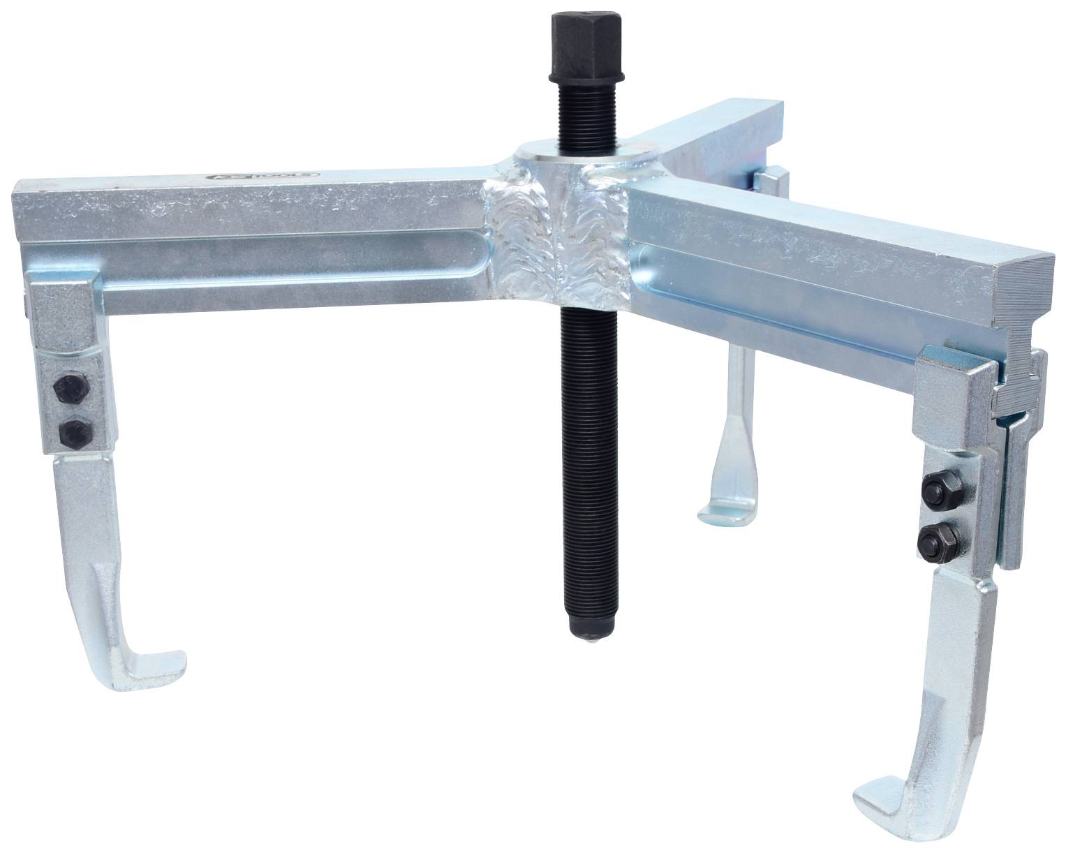 Metal three-jaw puller with adjustable arms and screw, used for removing bearings or gears from shafts.