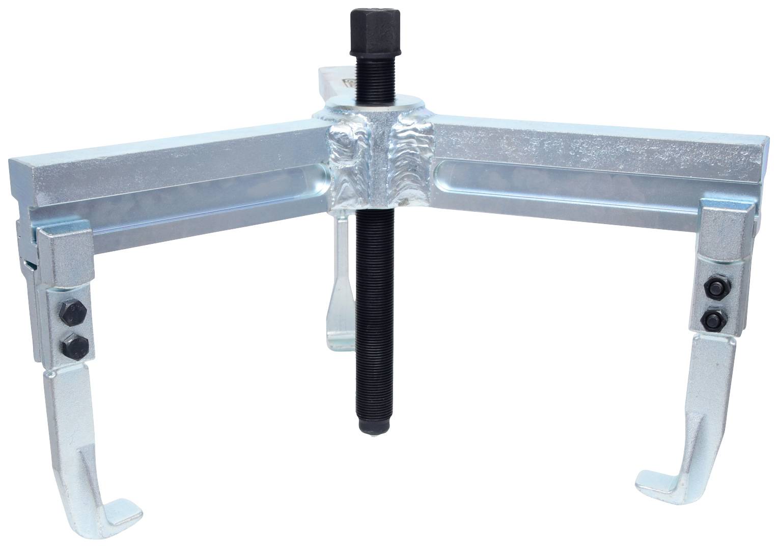 'Three-legged metal puller with central screw cylinder, used for removing bearings or gears.'