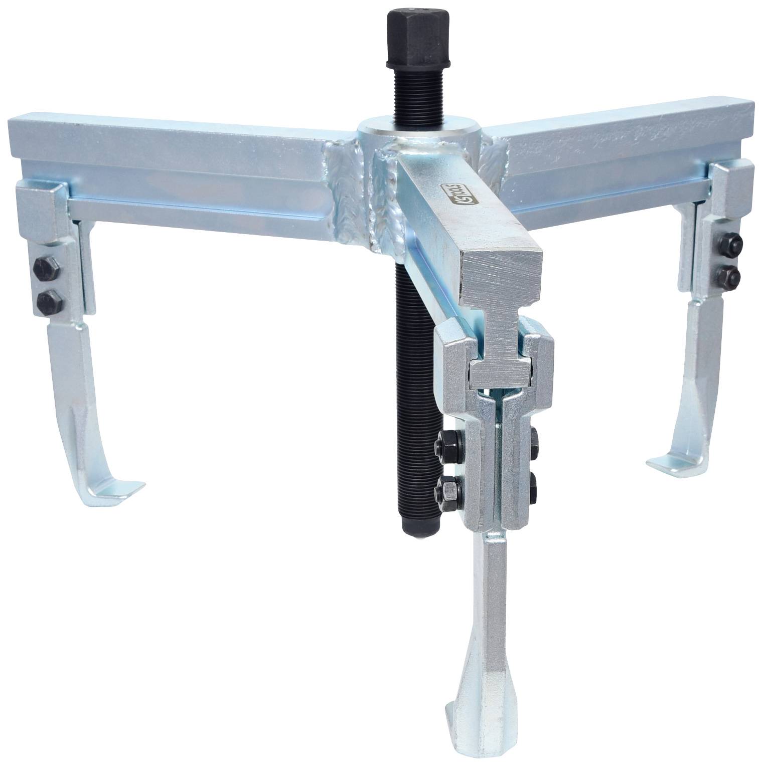 A three-legged metal puller with a central screw mechanism, used for removing tight-fitting parts such as bearings.