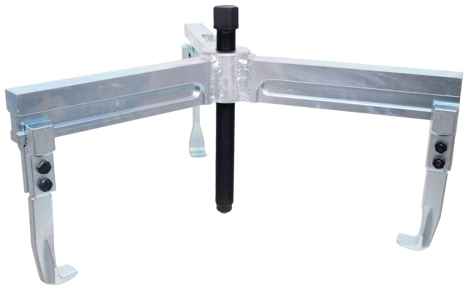 Three-armed metallic extraction tool with adjustable arms and central screw, designed for dismantling bearings or pulleys.
