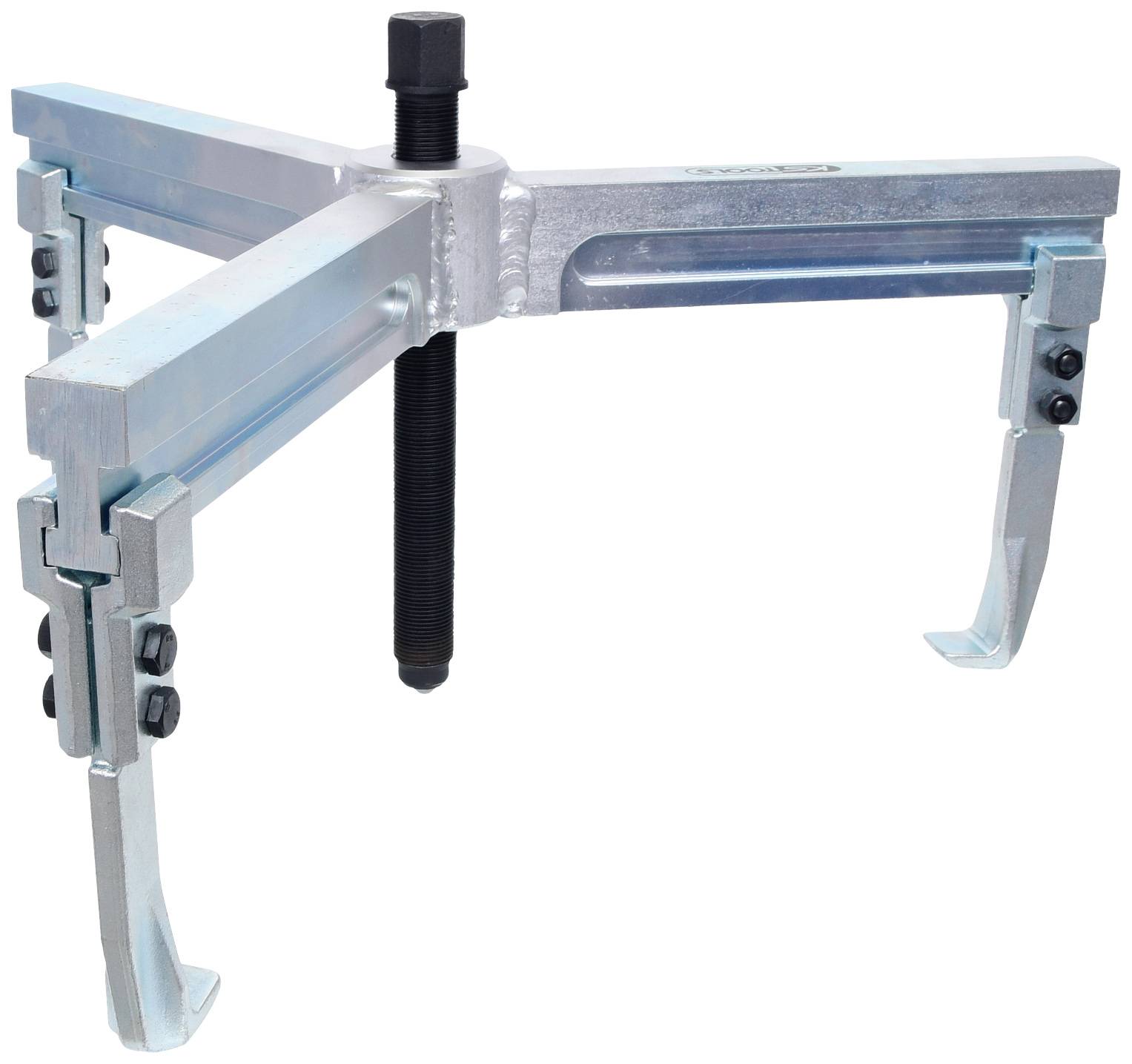 A silver three-armed puller with a central threaded bolt for installing or removing mechanical components.