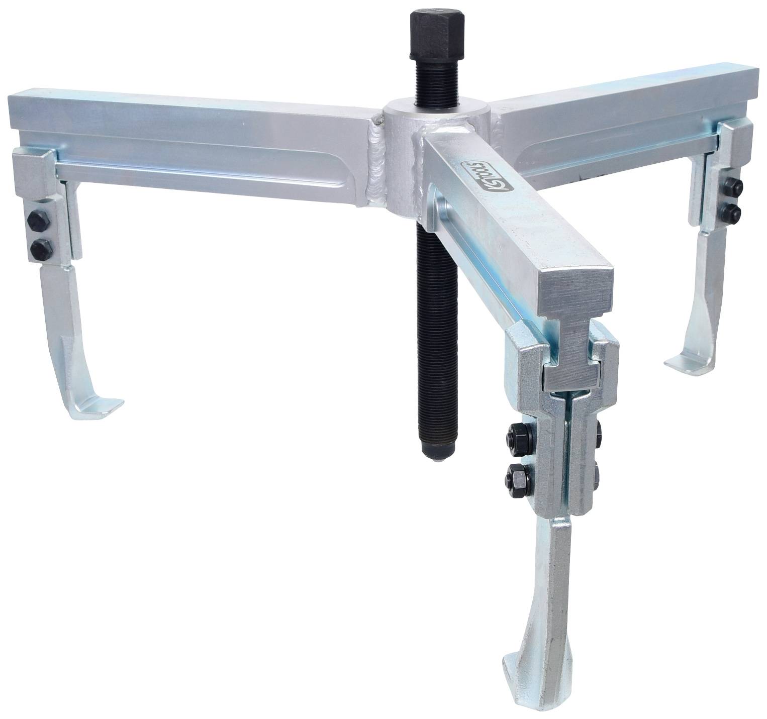 A three-legged metal puller with a central threaded screw, suitable for removing gears or bearings.