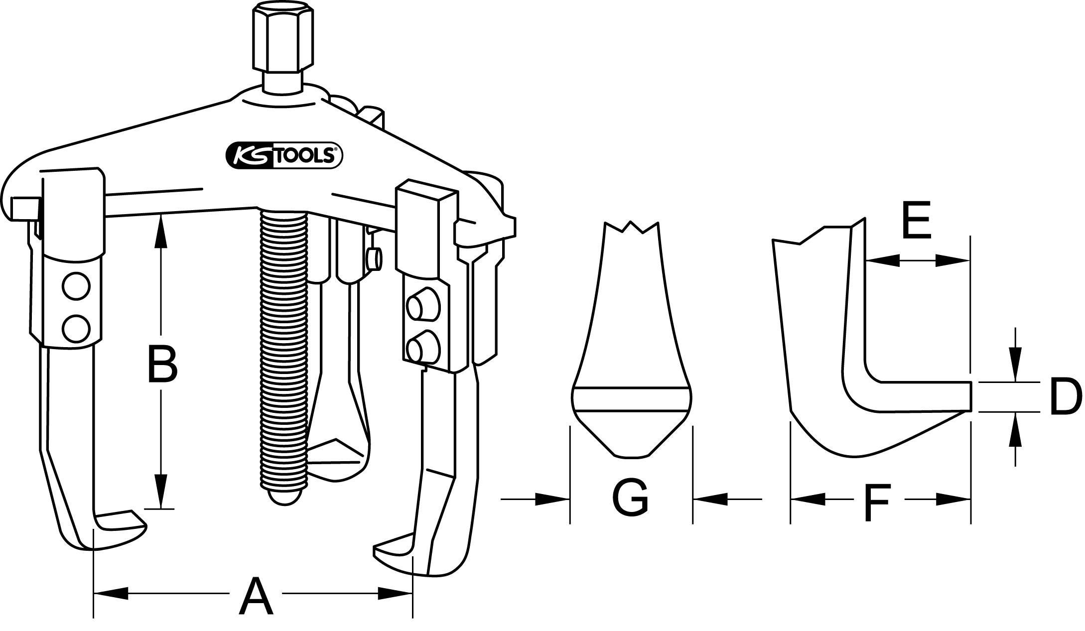 Three-legged puller with 'KS TOOLS' marking, showing technical dimensions: A, B, D, E, F, G. Used for removing seized parts.