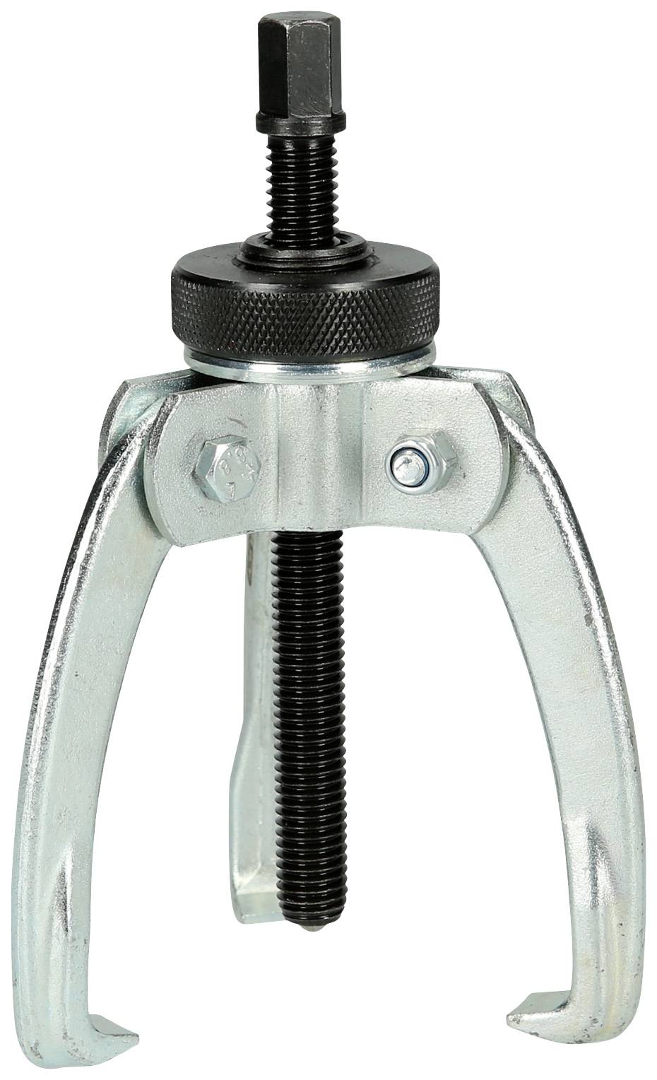 A silver two-arm metal puller with a black screw, used for removing gears or bearings from a shaft.