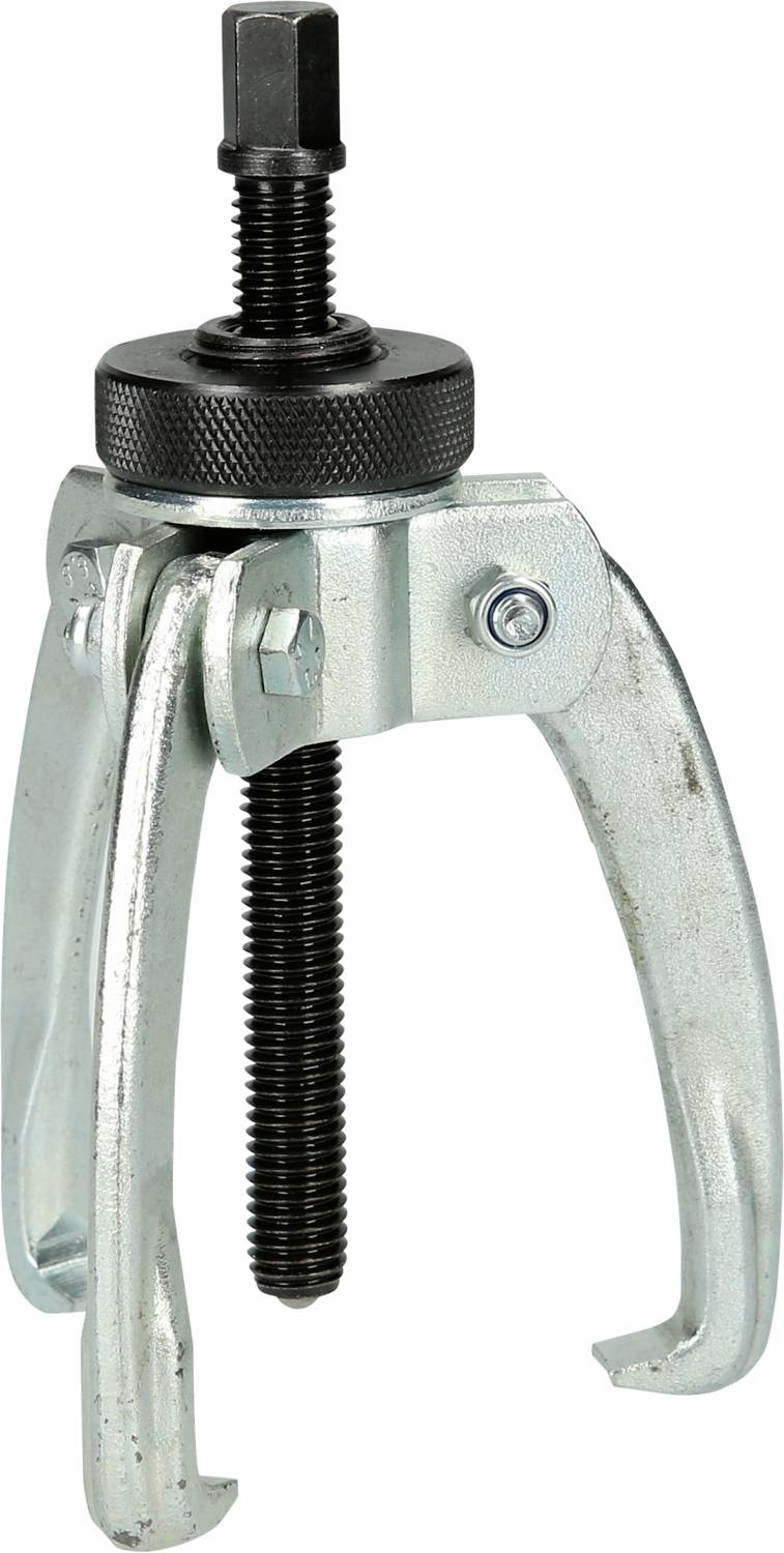 Three-armed metal puller with screw mechanism, primarily used for removing bearings or wheels from a shaft.
