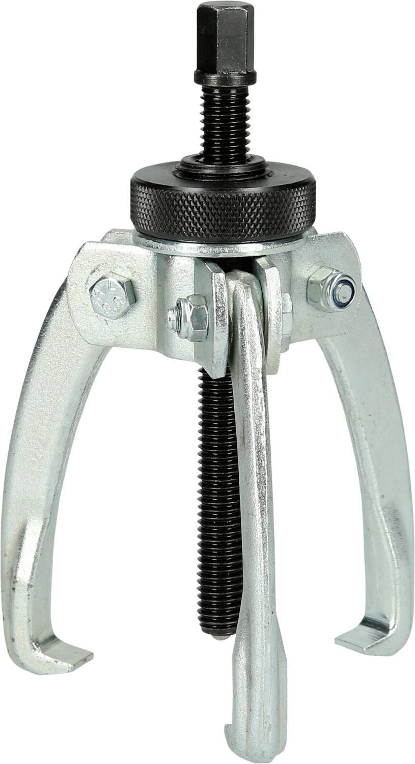 A three-legged metal puller for removing bearings or discs from shafts, with a central screw mechanism.