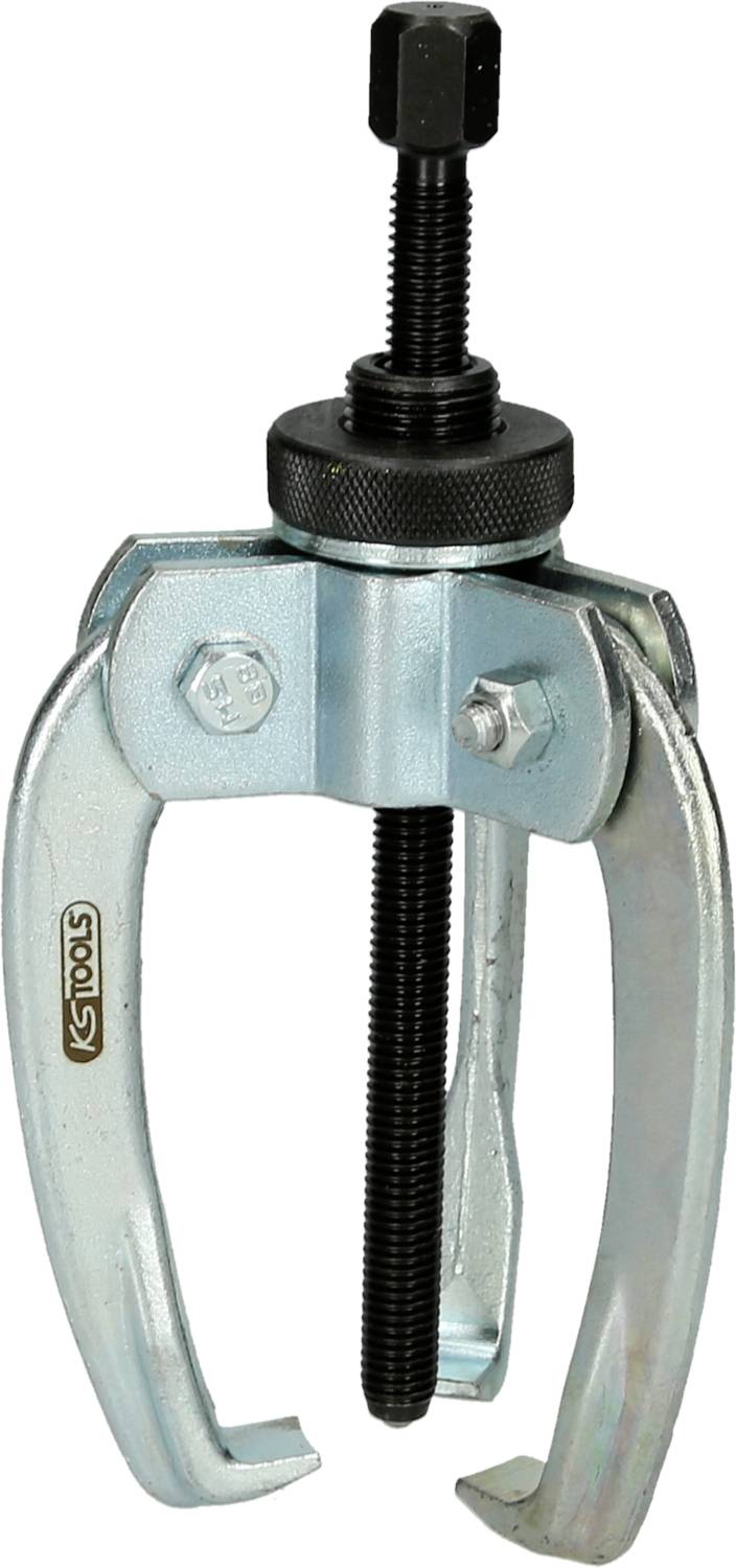 A silver-coloured two-legged puller with threaded spindle for removing bearing components.
