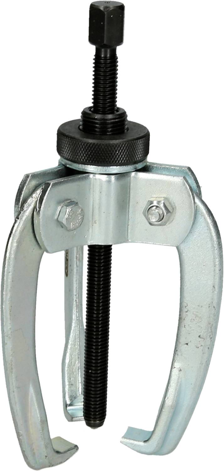 Metal two-legged puller with a black spindle in the centre. Used to remove fixed parts from shafts.