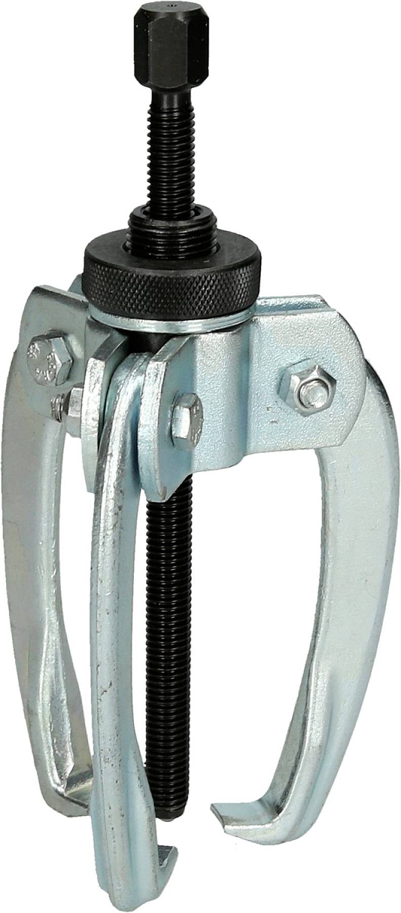 A three-legged puller with metal arms and a central threaded pin for removing bearings or gears from shafts.