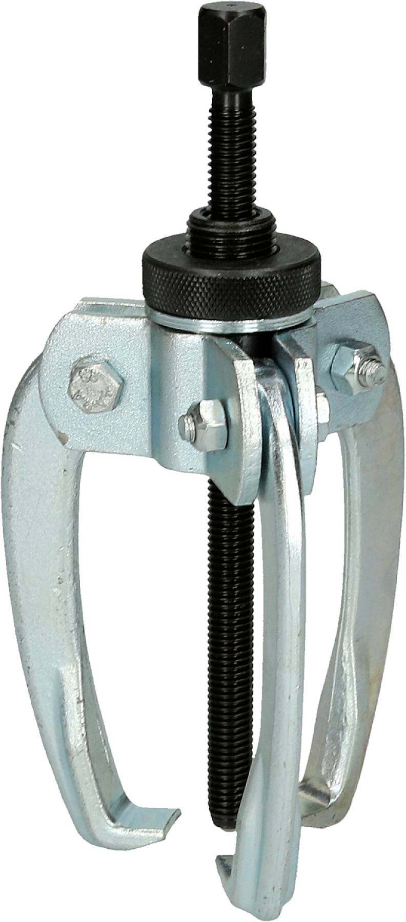 A two-armed metal puller tool with a central screw, used for removing bearings or gears.