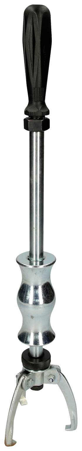 A mechanical puller with three gripping arms and a long, black handle, used for removing solid parts.