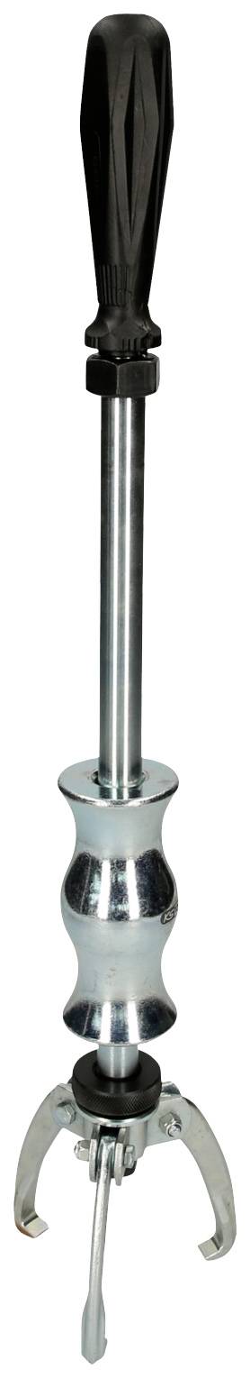 A chrome-plated valve spring compressor with a black handle and three claws at the lower end for mounting and dismounting valve springs.