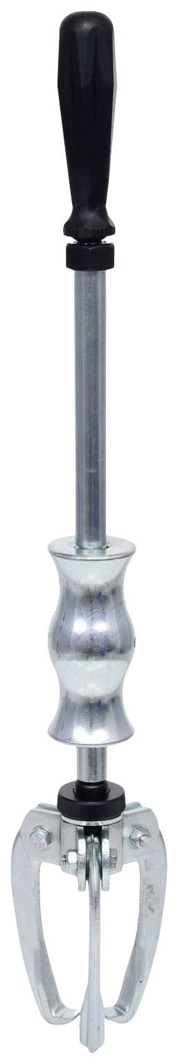 Hand-operated puller with metal handle and two-hinged hooks for removing seized parts such as gears or ball bearings.