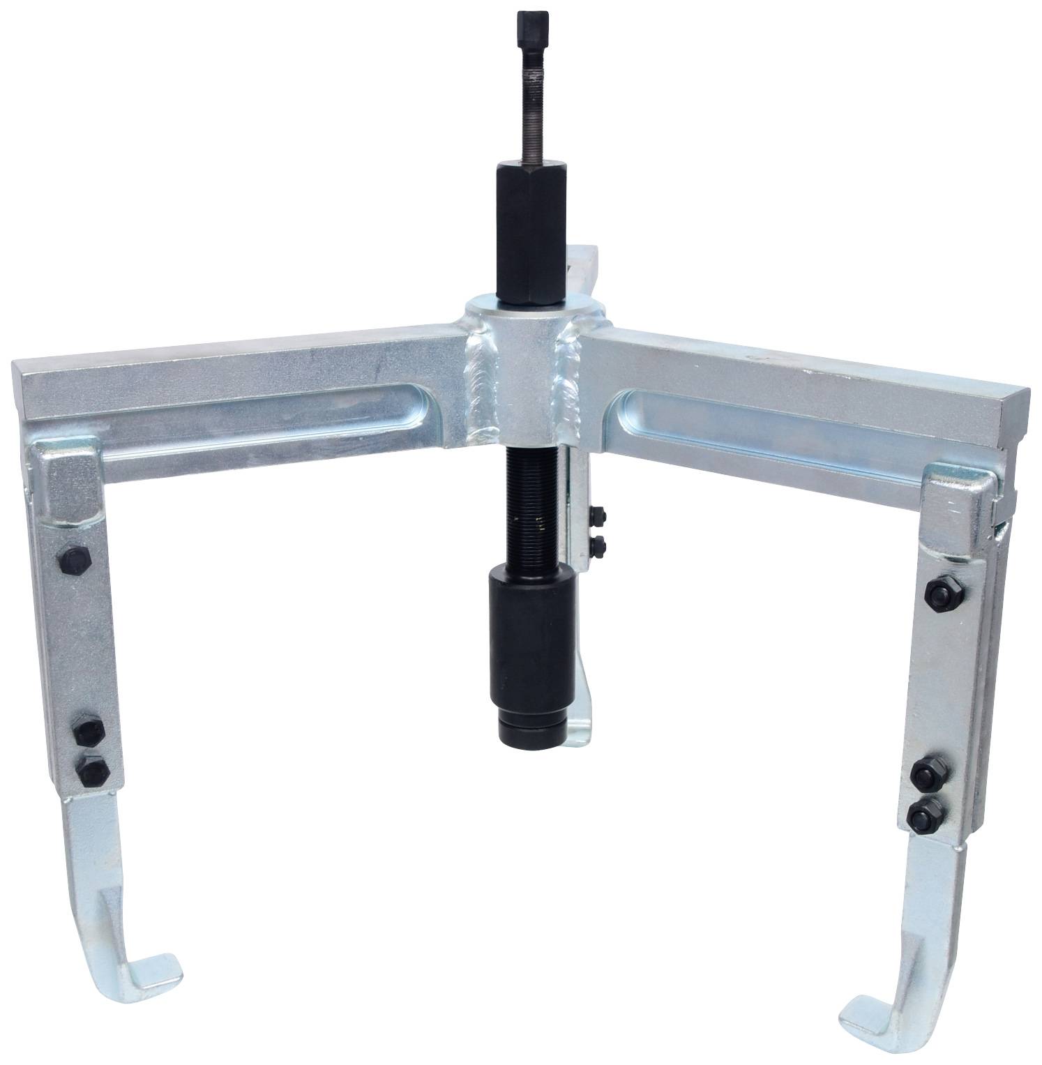 A three-legged puller with hooks for removing bearings or gears. Metallic tool with adjustable tensioning mechanism.