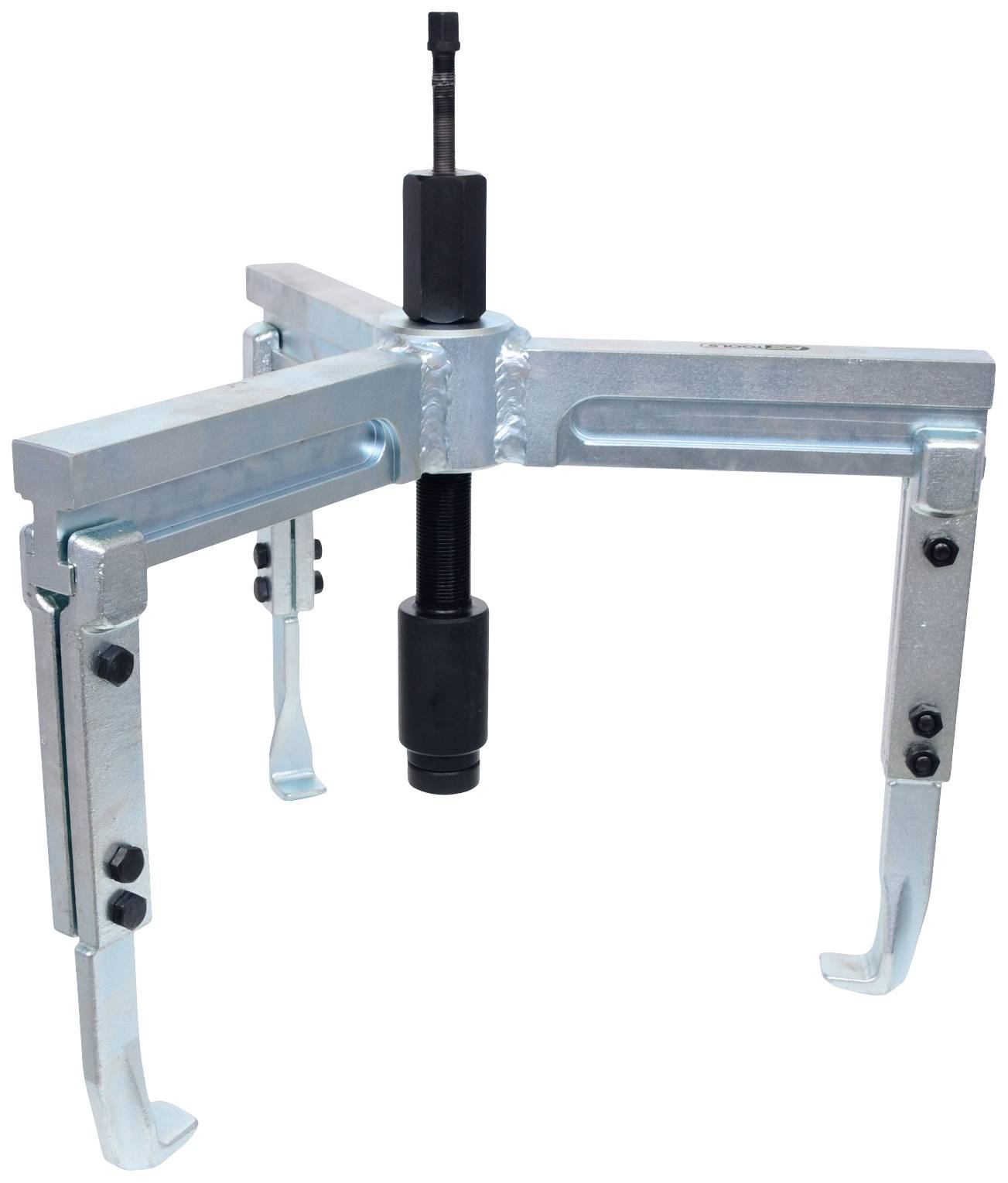 Metallic puller with three adjustable arms and central spindle, used for removing seized bearings or wheels.