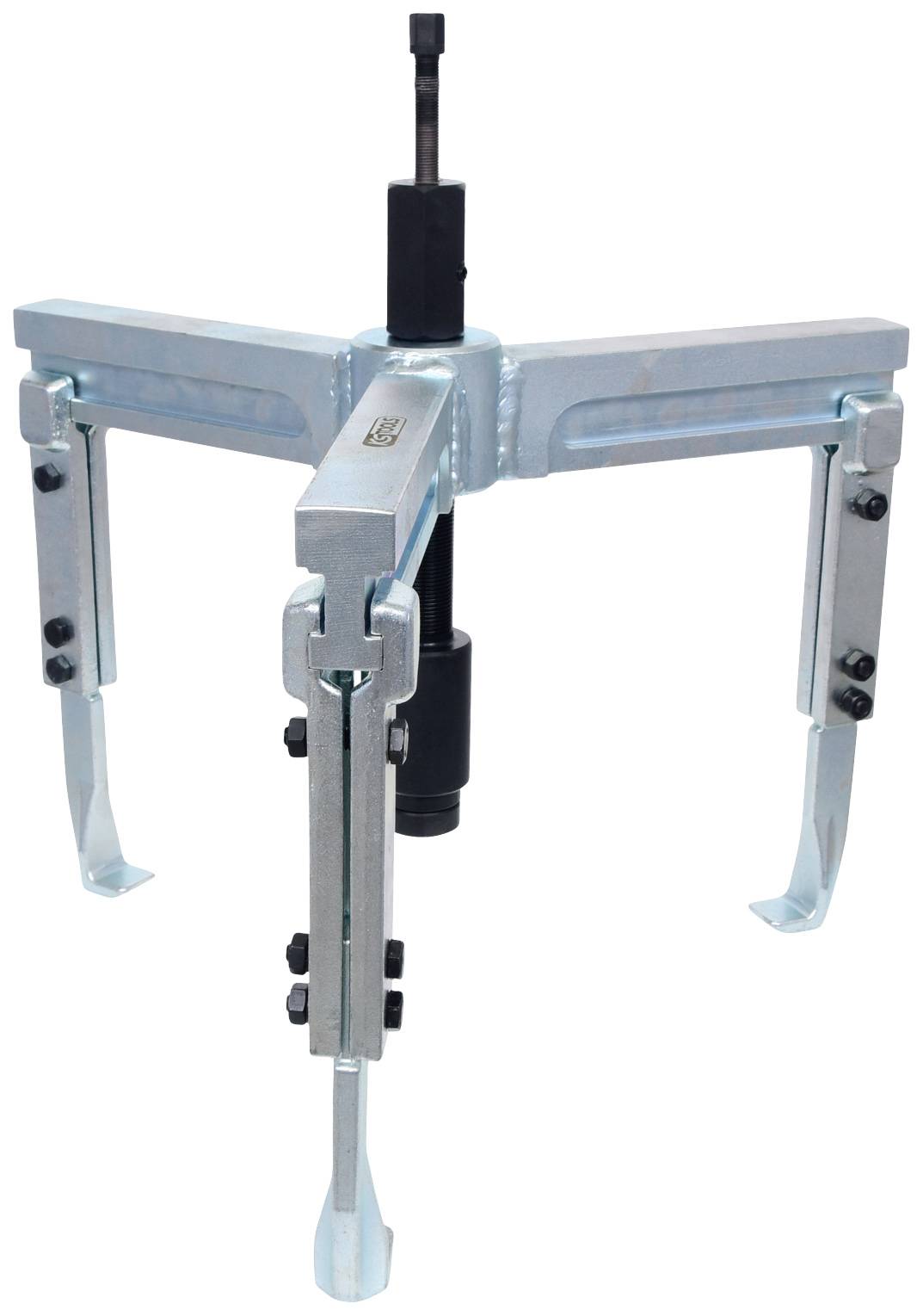 A three-legged metal ball joint puller used to separate vehicle ball joints, with locking screws on each leg.