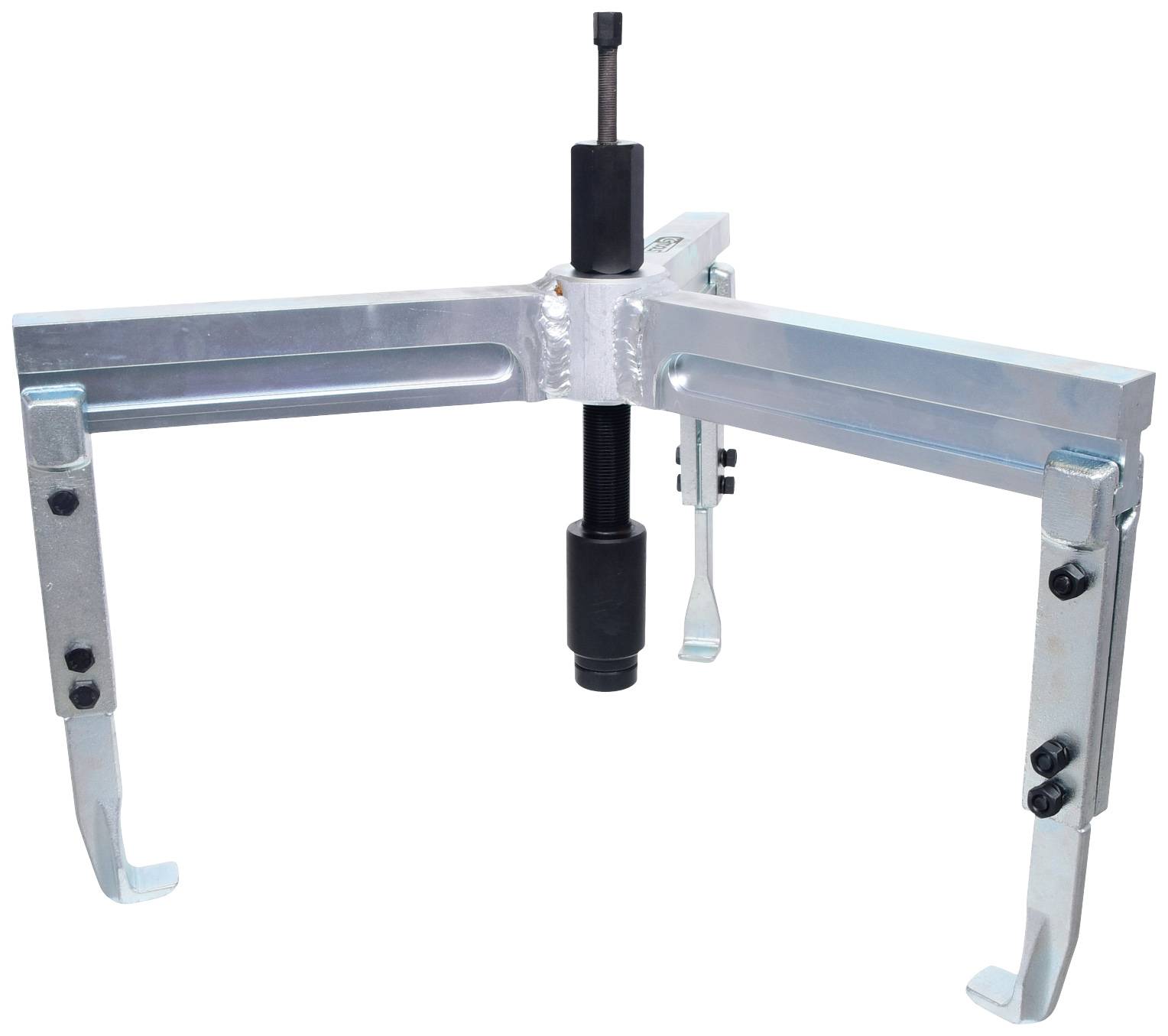 A three-legged metal puller with gripping arms, suitable for removing gears or bearings, with a central screw for stabilisation.