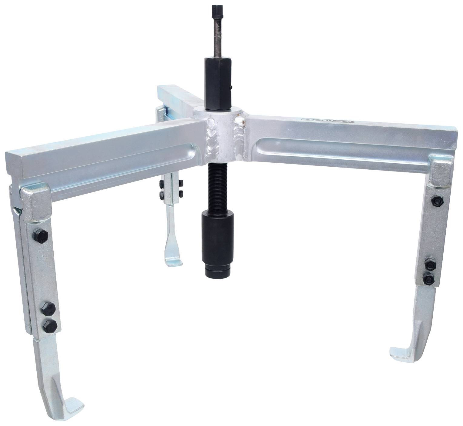 A mechanical puller with a central spindle mechanism and three hook arms, used for removing solid components such as gears or pulleys from a shaft.