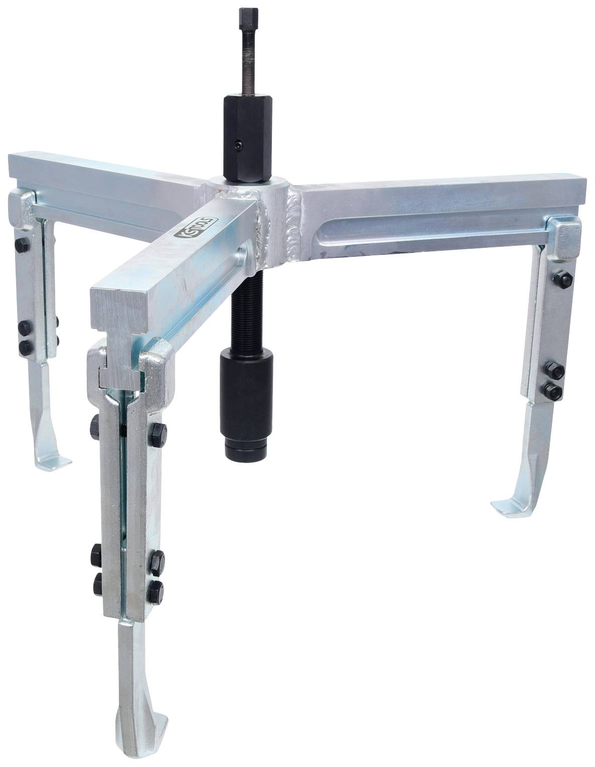 A three-legged metal puller with adjustable arms and a central screw for removing stuck components.