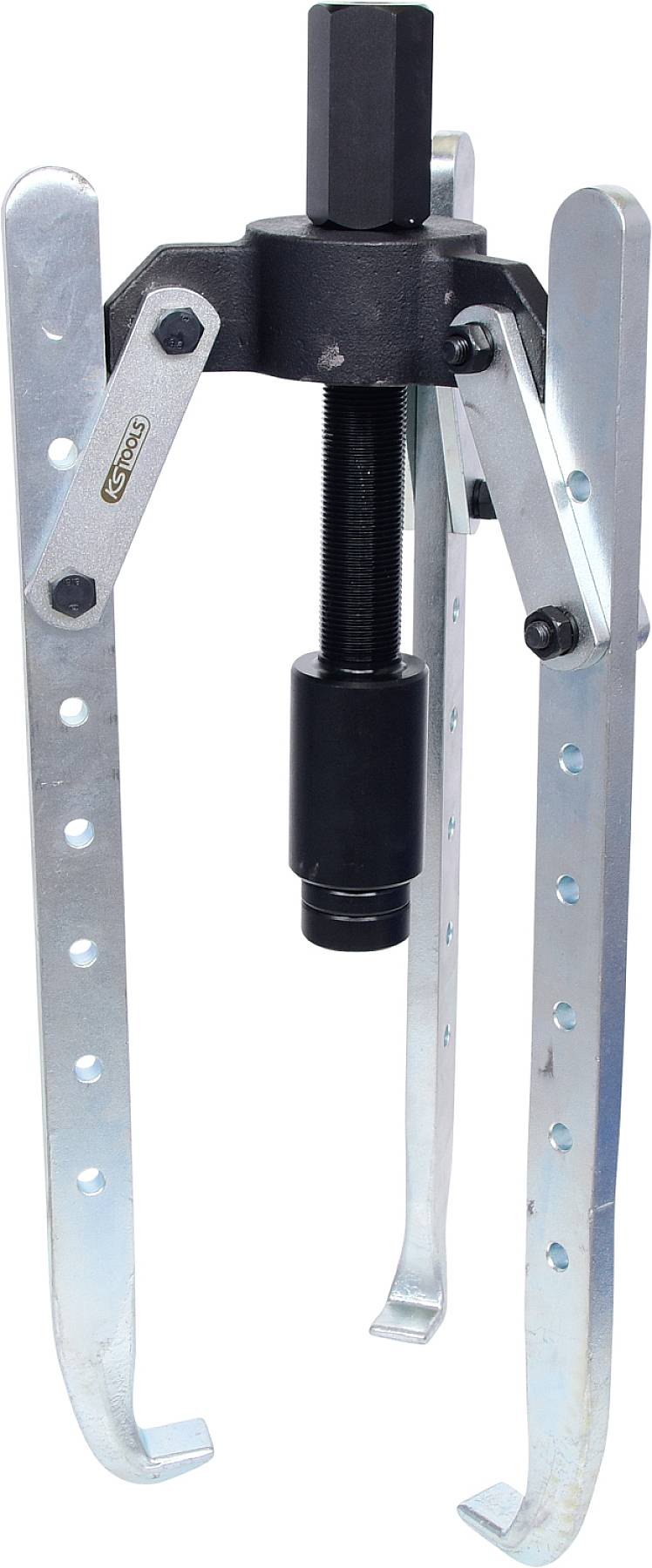 Two-armed puller with adjustable arms for removing bearings or gears. Silver metal arms with black central section.