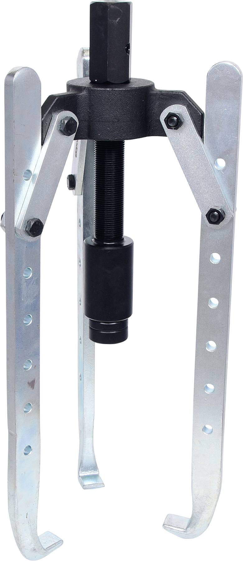 A metal puller with two adjustable arms and a central spindle for removing bearings or similarly fixed parts.