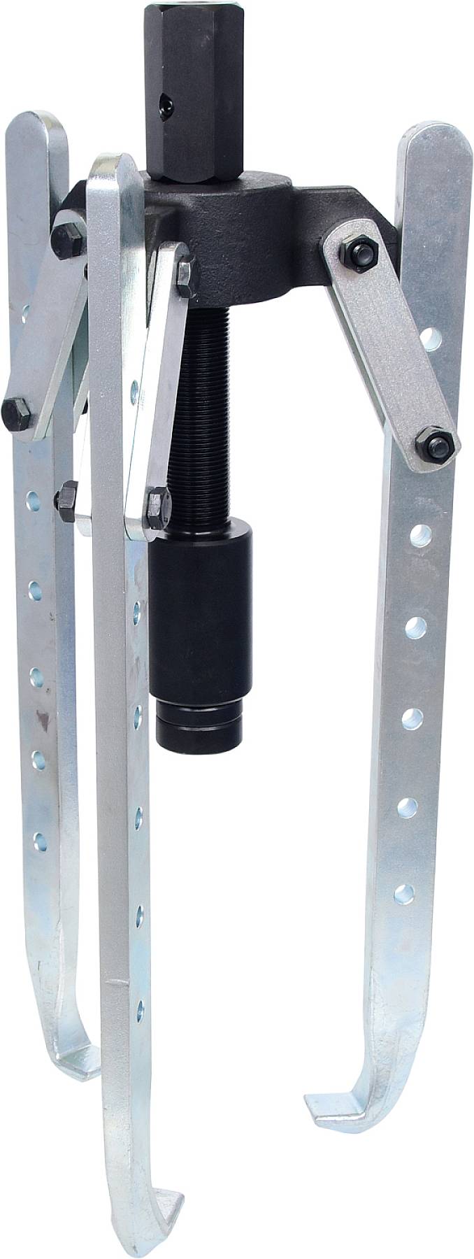 A three-legged metal puller with adjustable arms, used for removing bearings or bushes from machinery.