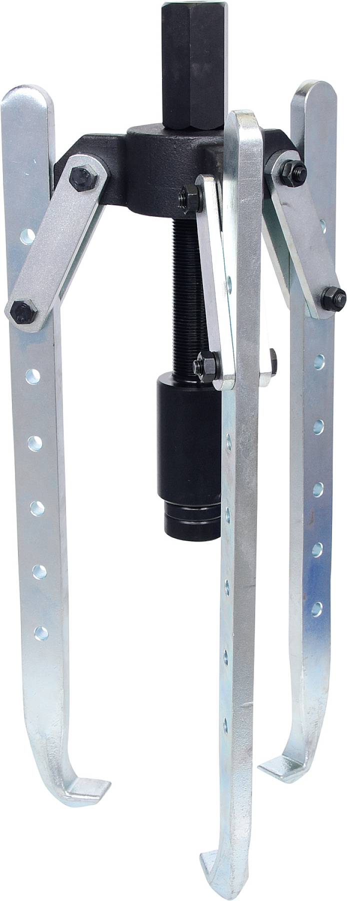 Two-armed puller with robust metal housing, protruding threaded pin and adjustable arms for dismantling components.
