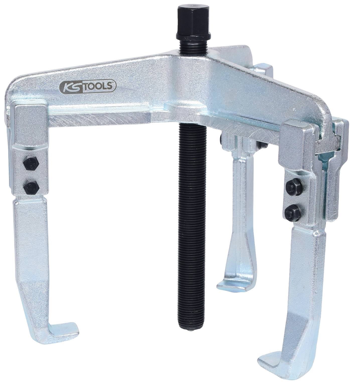 A three-legged metal puller with adjustable arms and a central screw mechanism, manufactured by KS Tools.