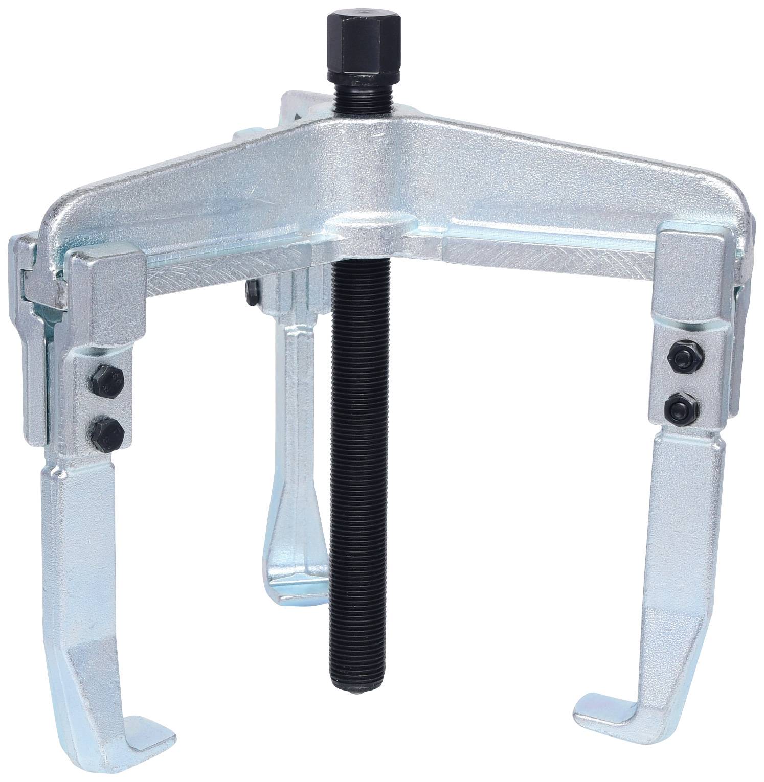 A three-legged puller with a central screw, used for removing bearings or discs.