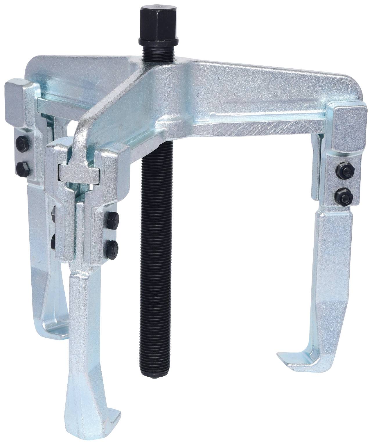 A three-legged puller with a silver metal frame and black screw, often used for removing gears or bearings.