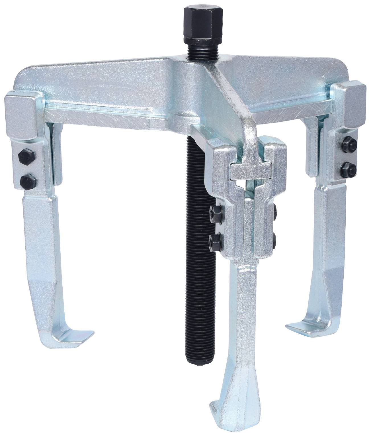 A mechanical three-arm puller in silver, used for removing tight-fitting parts such as gears or bearings from a shaft.