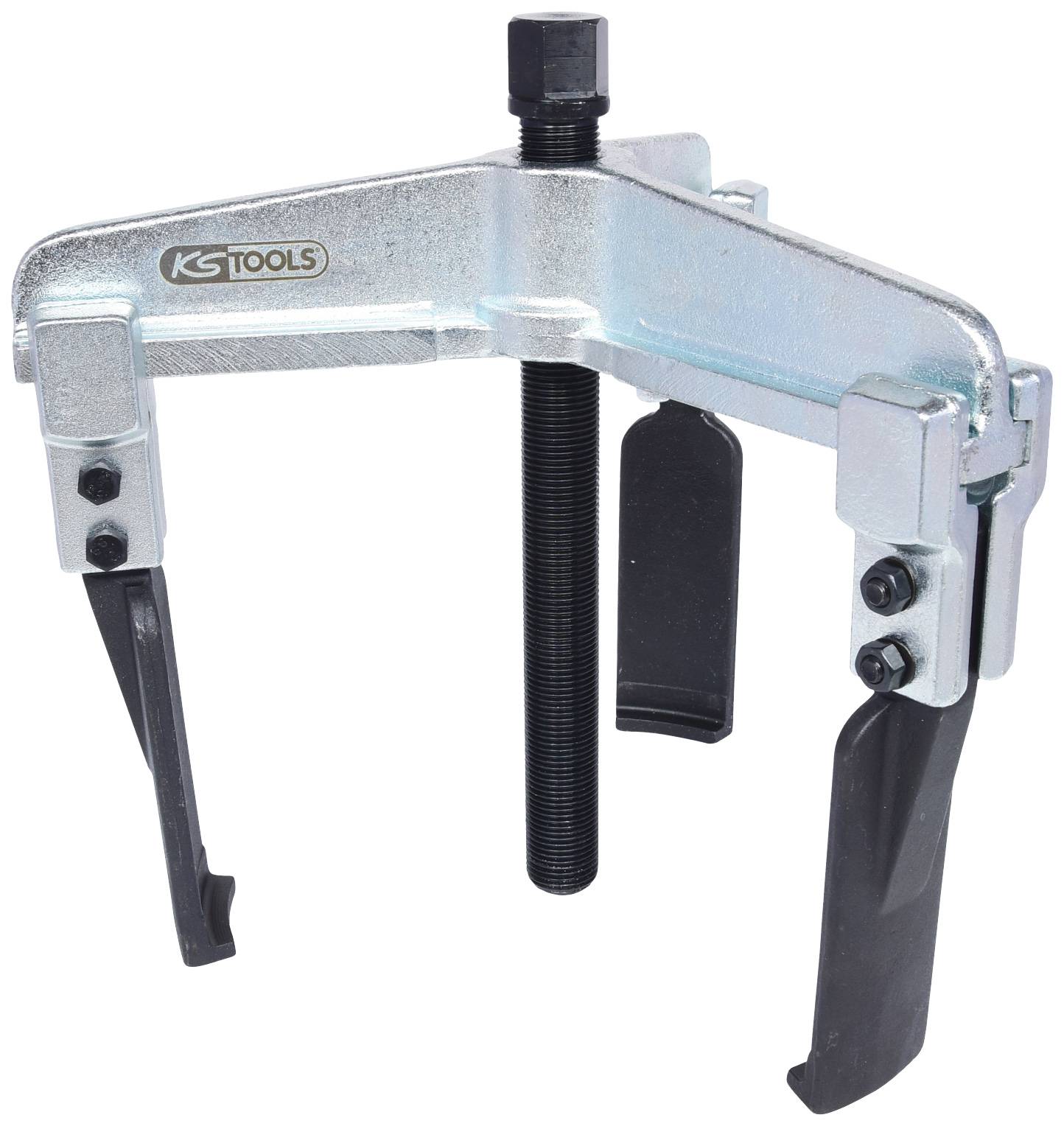 Three-legged puller with a screw in the centre, used for removing seized components. Silver-coloured metal with black screw.
