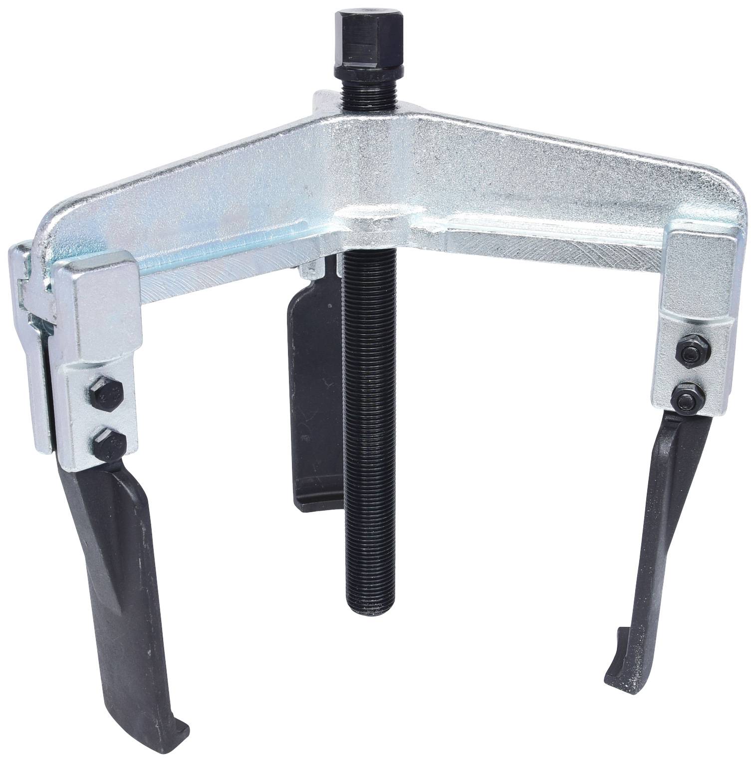 Three-legged puller with adjustable jaws and central screw, used for removing stuck parts such as gears.
