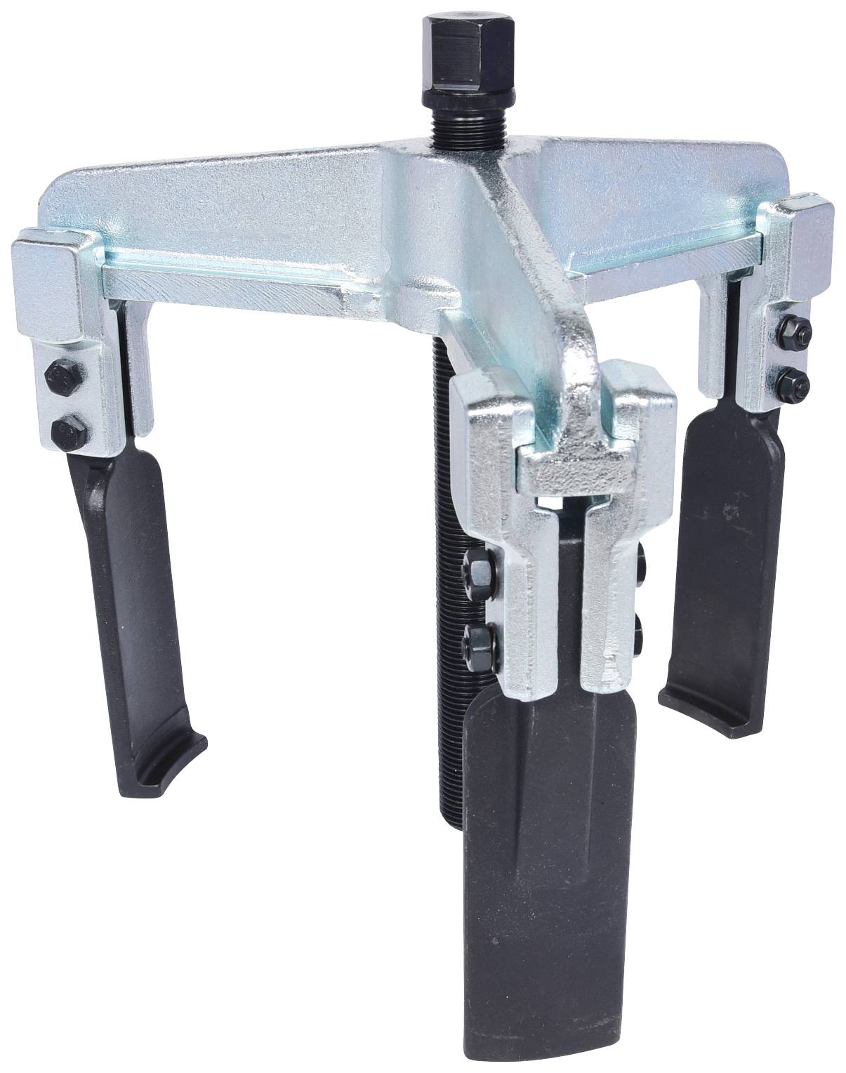 A three-legged puller with robust steel arms and a central screw for removing parts from tight or fixed fits.