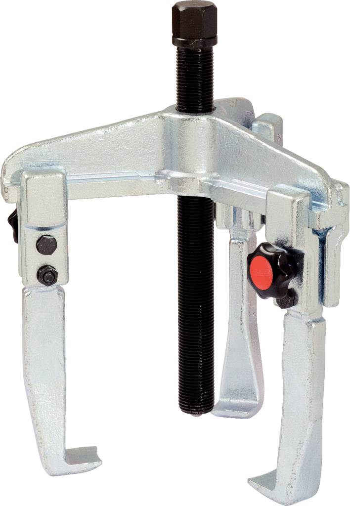 Three-legged puller with adjustable arms and a central screw, used for removing gears or bearings.