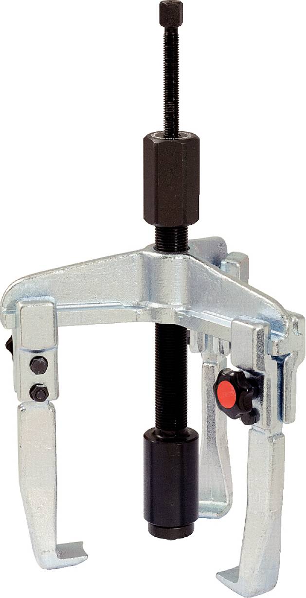 A three-legged metal puller with knurled screw, used for removing stuck bearings or gears from shafts.