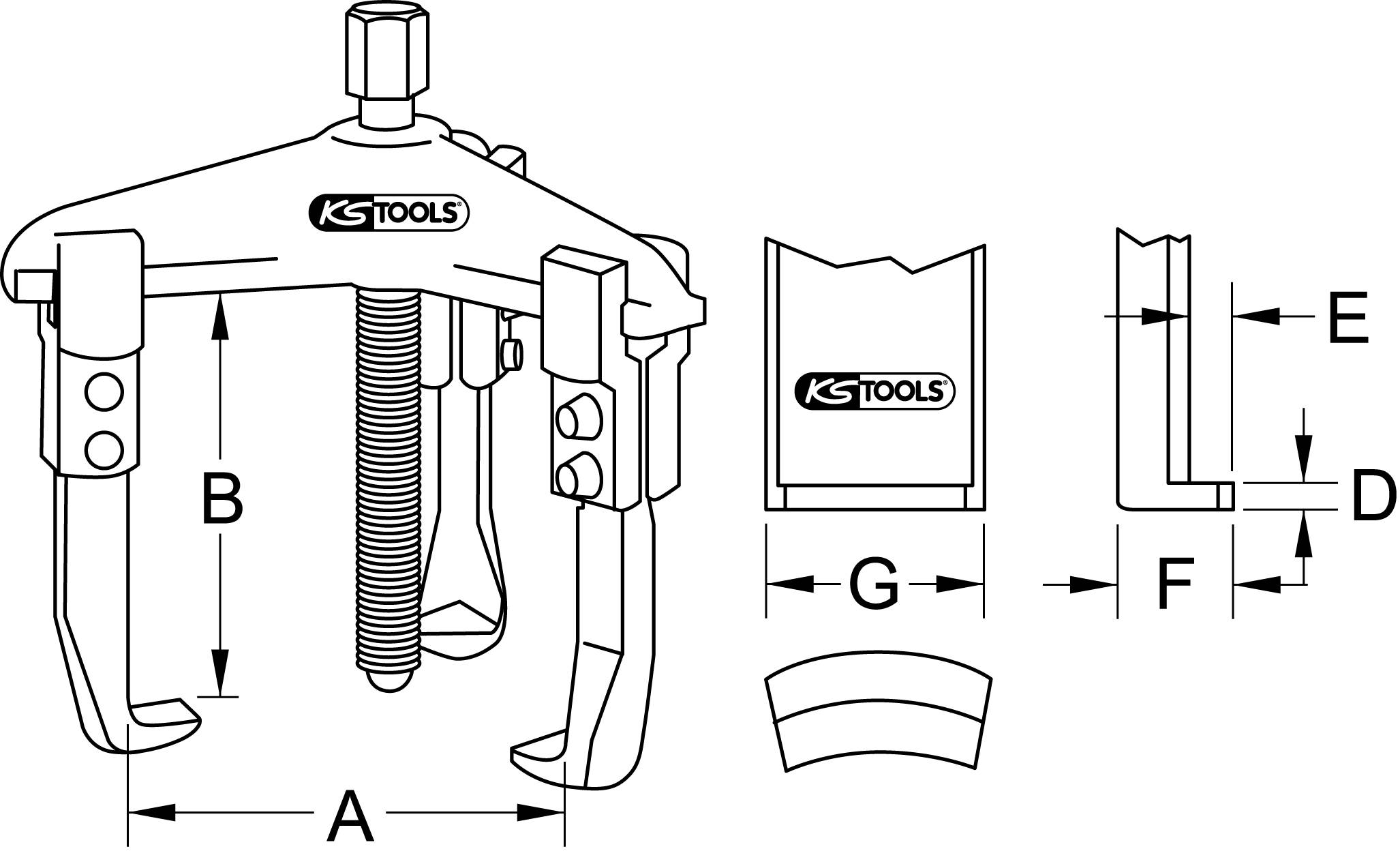 Illustration of a 3-arm puller by KS Tools with dimensional specifications. Main components: Arms (A), Lifting height (B), Jaw spread (C), Arm width (D, E, F), Thread size (G).