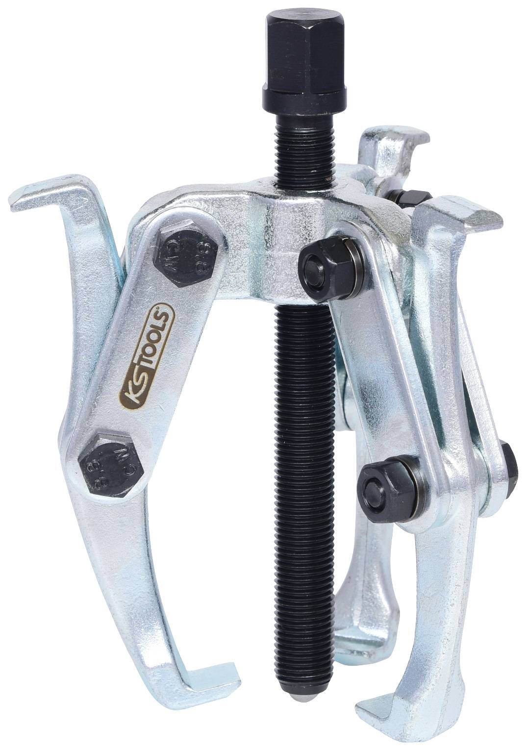 Three-legged metal puller with a central screw, used for removing bearings or gears.