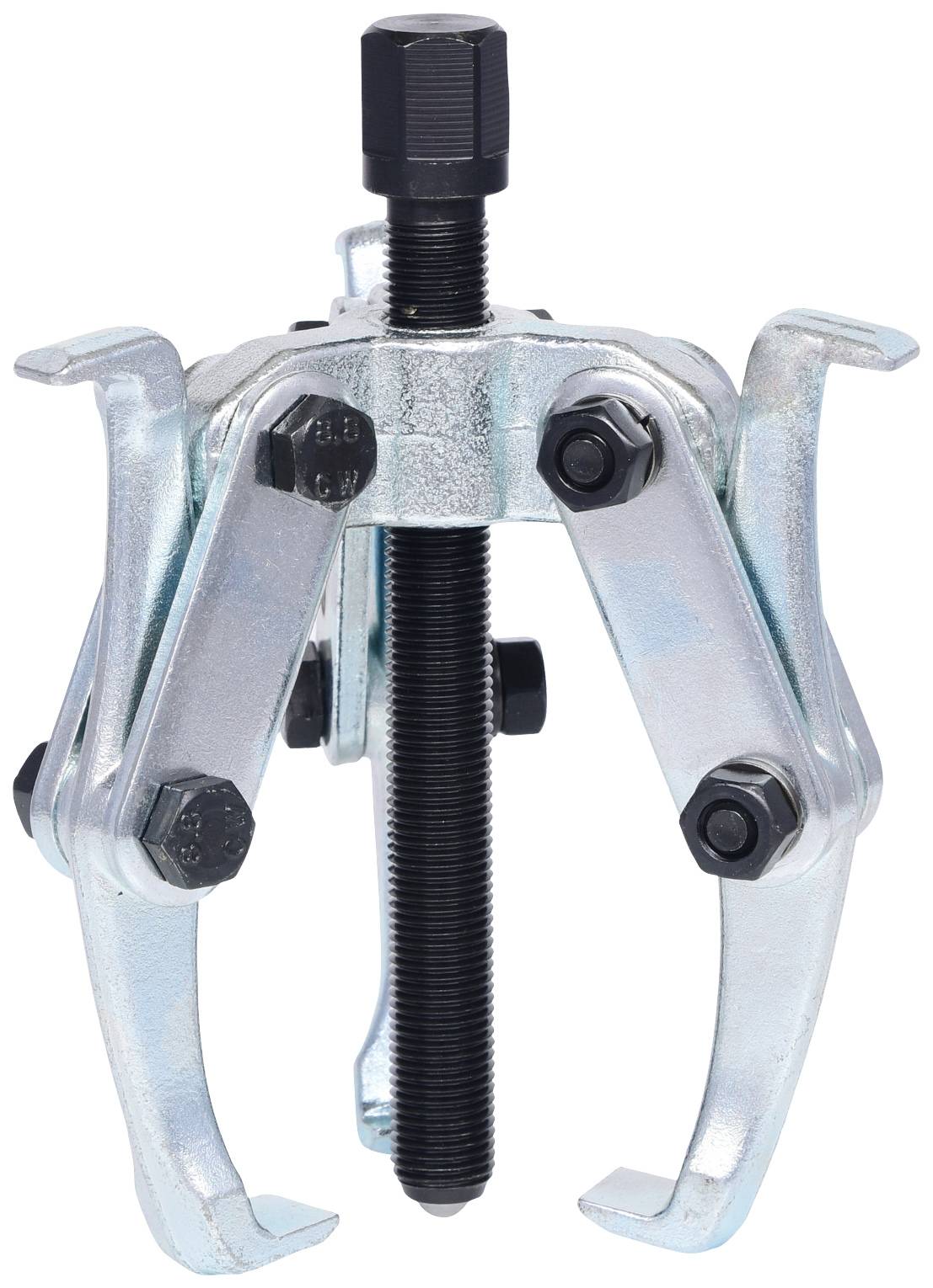 A three-jaw metal puller with a central spindle mechanism for removing bearing or gear components from a shaft.