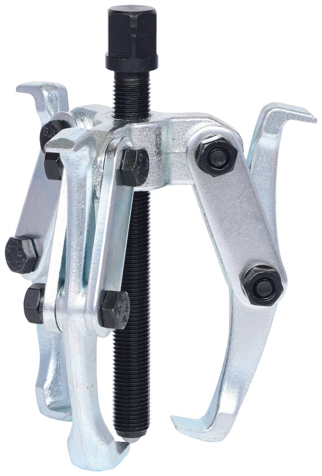 A metallic puller with three hooks and a central screw, used for removing bearings or gears from machinery.
