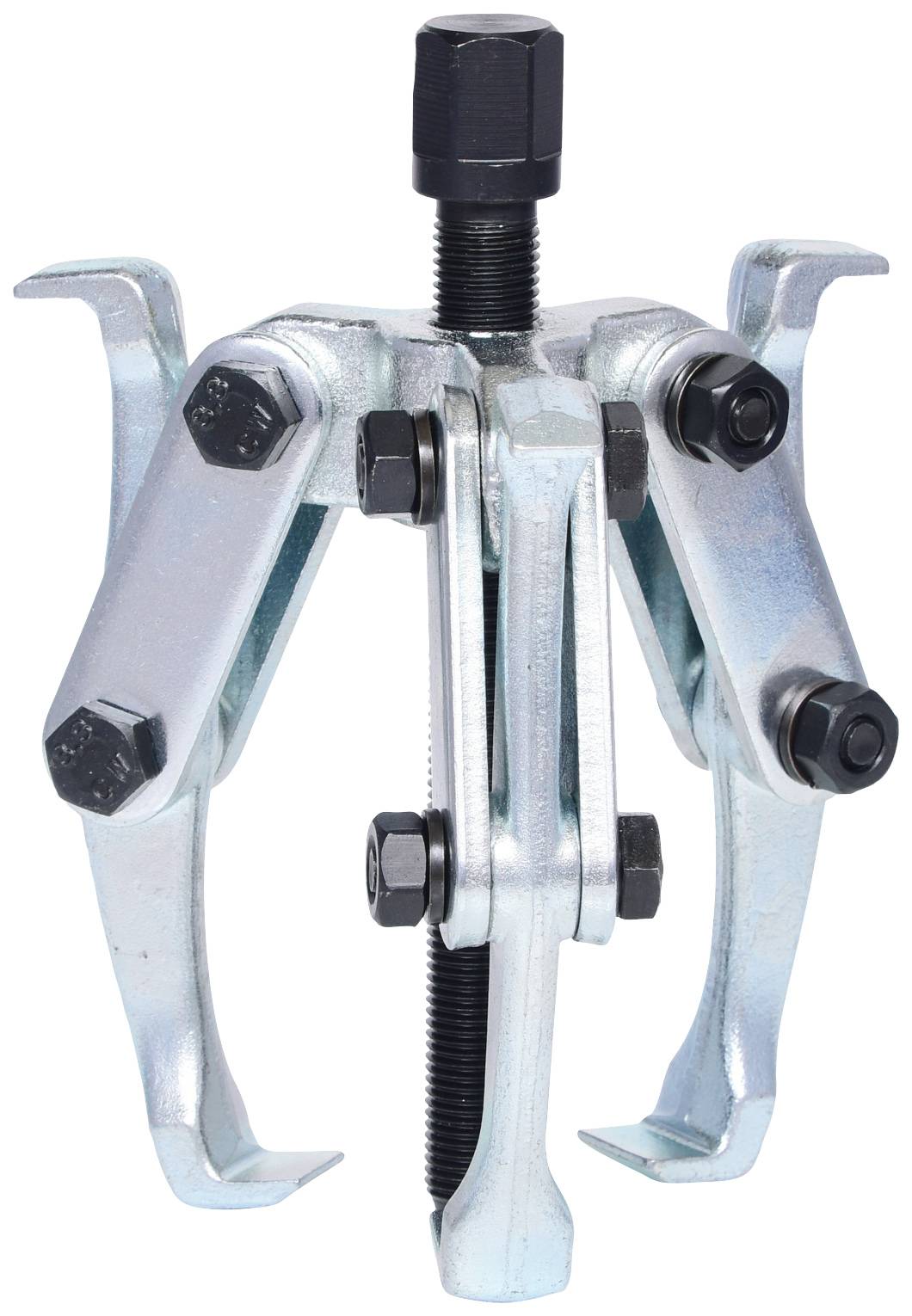 A silver puller with three adjustable arms and a central screw for removing bearings or gears in machinery.