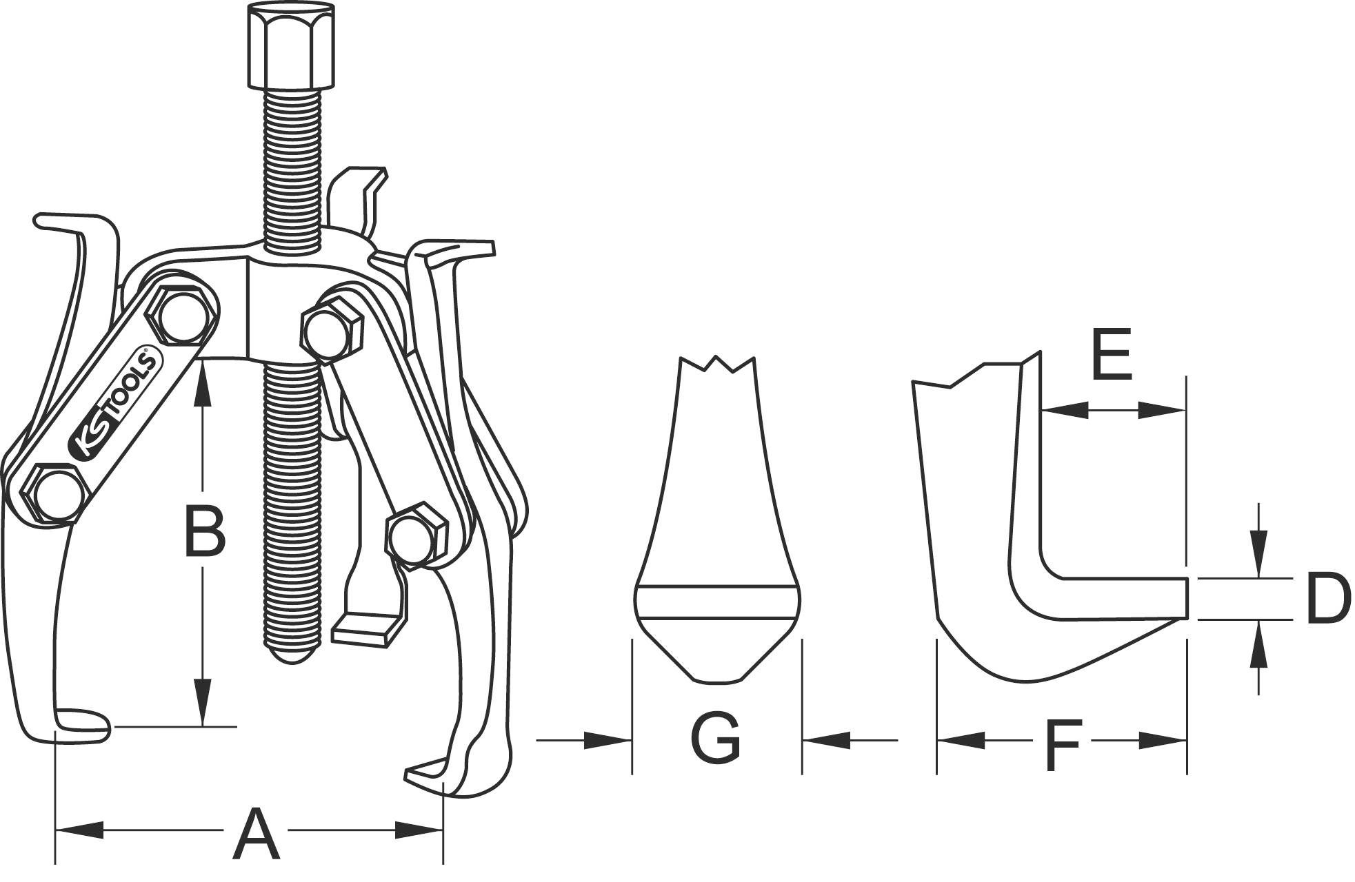 Mechanical tool drawing with dimensions: A, B, E, F, G, D, screw and gripping mechanism, representation of a puller.
