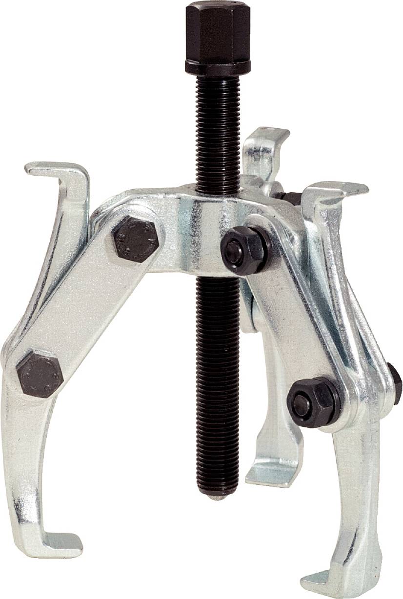 Two-legged puller with metal claws and central screw for loosening tight-fitting screw connections or bearings.