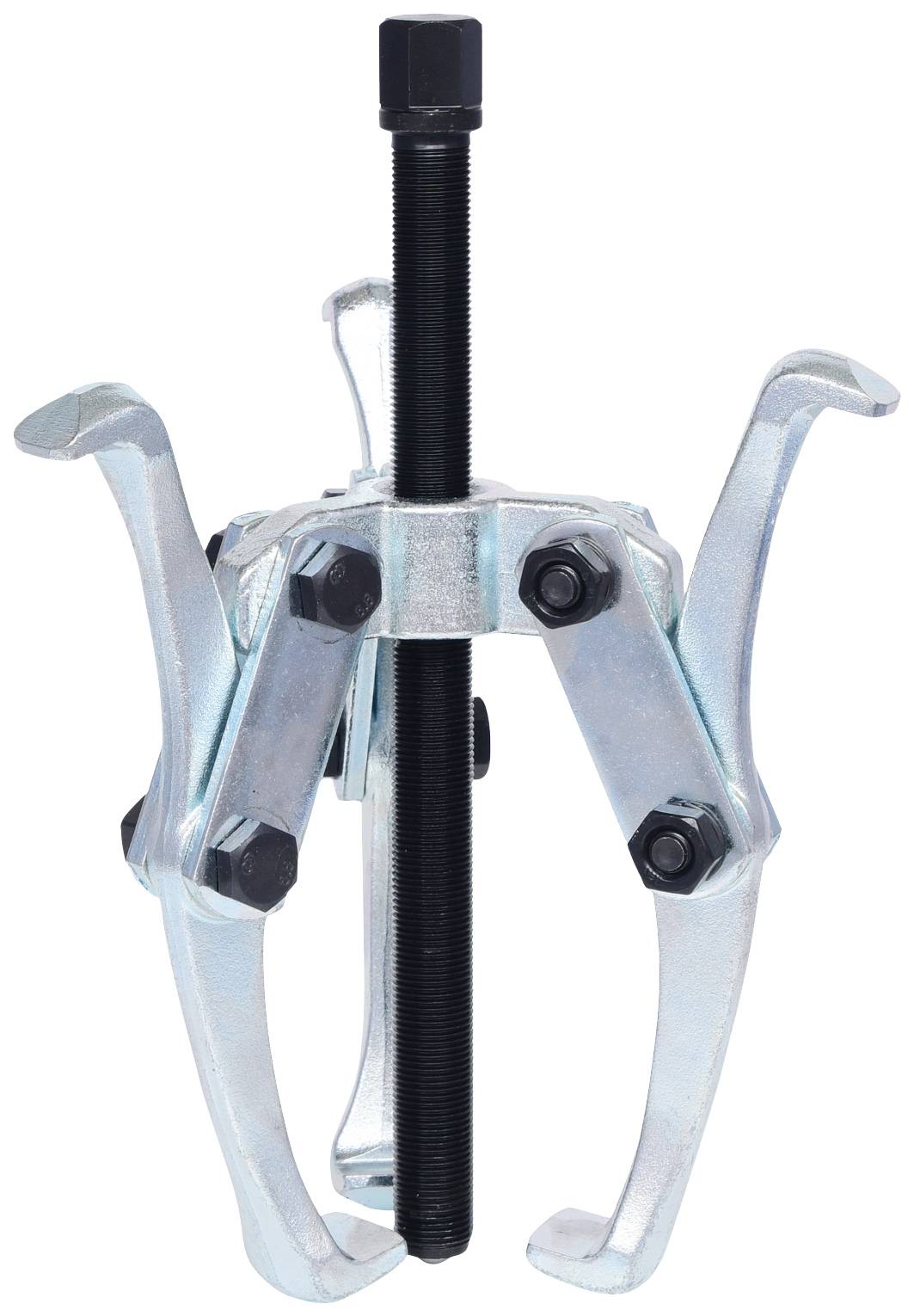 A three-fingered metal puller with a central screw for removing bearings or gears.