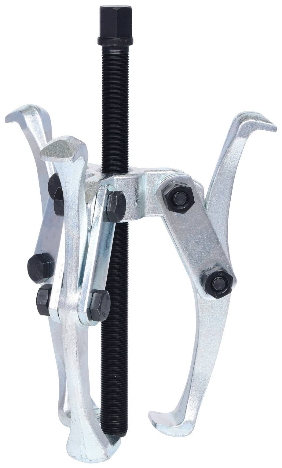 A three-arm puller with a black spindle and silver arms. Used for removing bearings or gears.