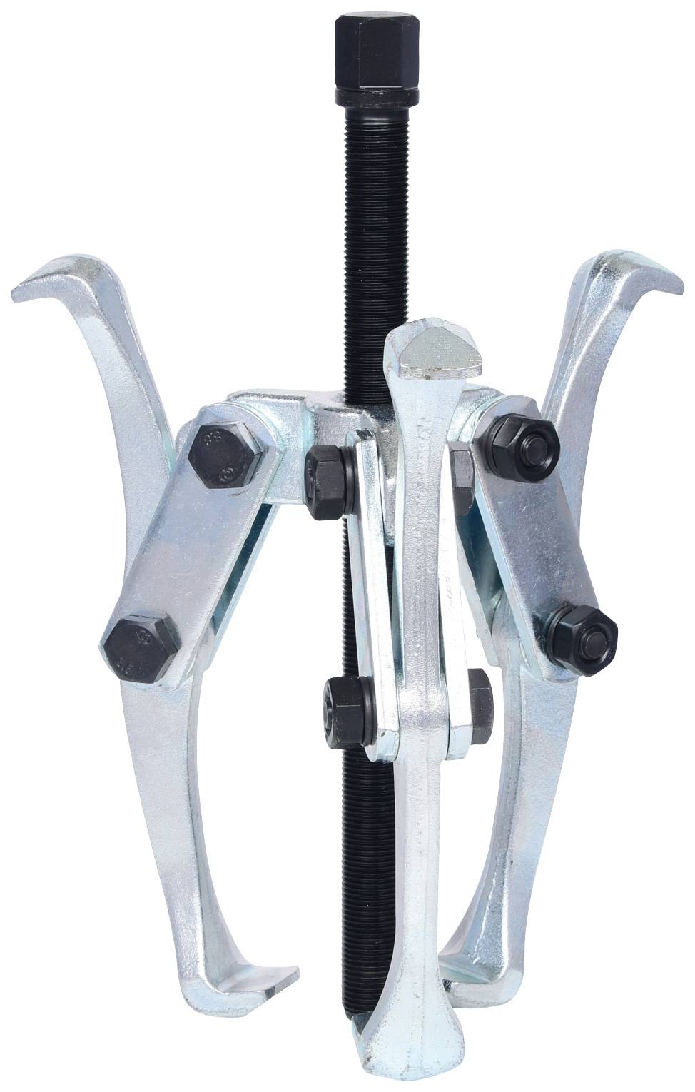 Three-legged metal puller, used for removing bearings or gears. Adjustable arms and threaded rod for secure grip.