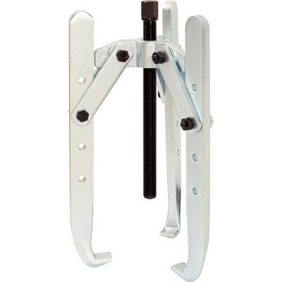 Two-legged metal puller with adjustable arms and central spindle, used for removing bearings or gears.